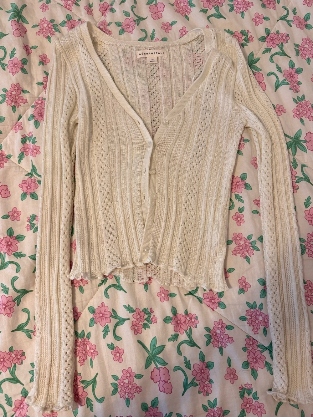 Aeropostale Cream Lightweight Crochet Knit Button Cardigan